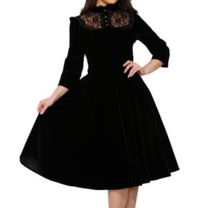 HEARTS & ROSES LONDON Black Lace-Yoke Nightshade Velvet ALine Dress Lace Up Back